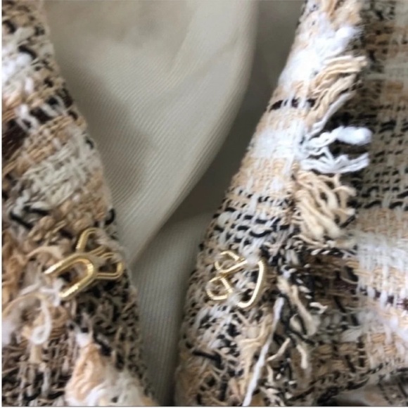 Zara Frayed Collarless V Neck Tweed Plaid Blazer - Picture 6 of 8